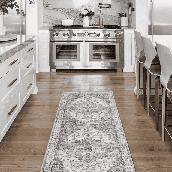 NICETOWN Thin Washable Vintage Runner Rug, 2'x6' Boho Non-Slip Foldable Rug Oriental Living Room Rug Entrance Mat Carpet for Kitchen Laundry, Grey