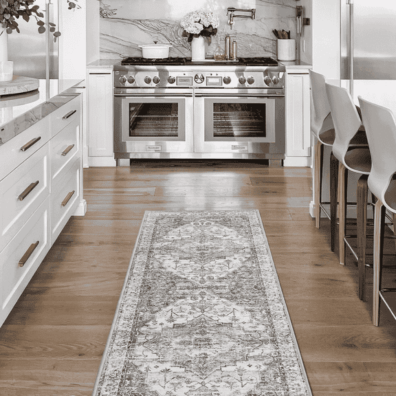 NICETOWN Thin Washable Vintage Runner Rug, 2'x6' Boho Non-Slip Foldable Rug Oriental Living Room Rug Entrance Mat Carpet for Kitchen Laundry, Grey