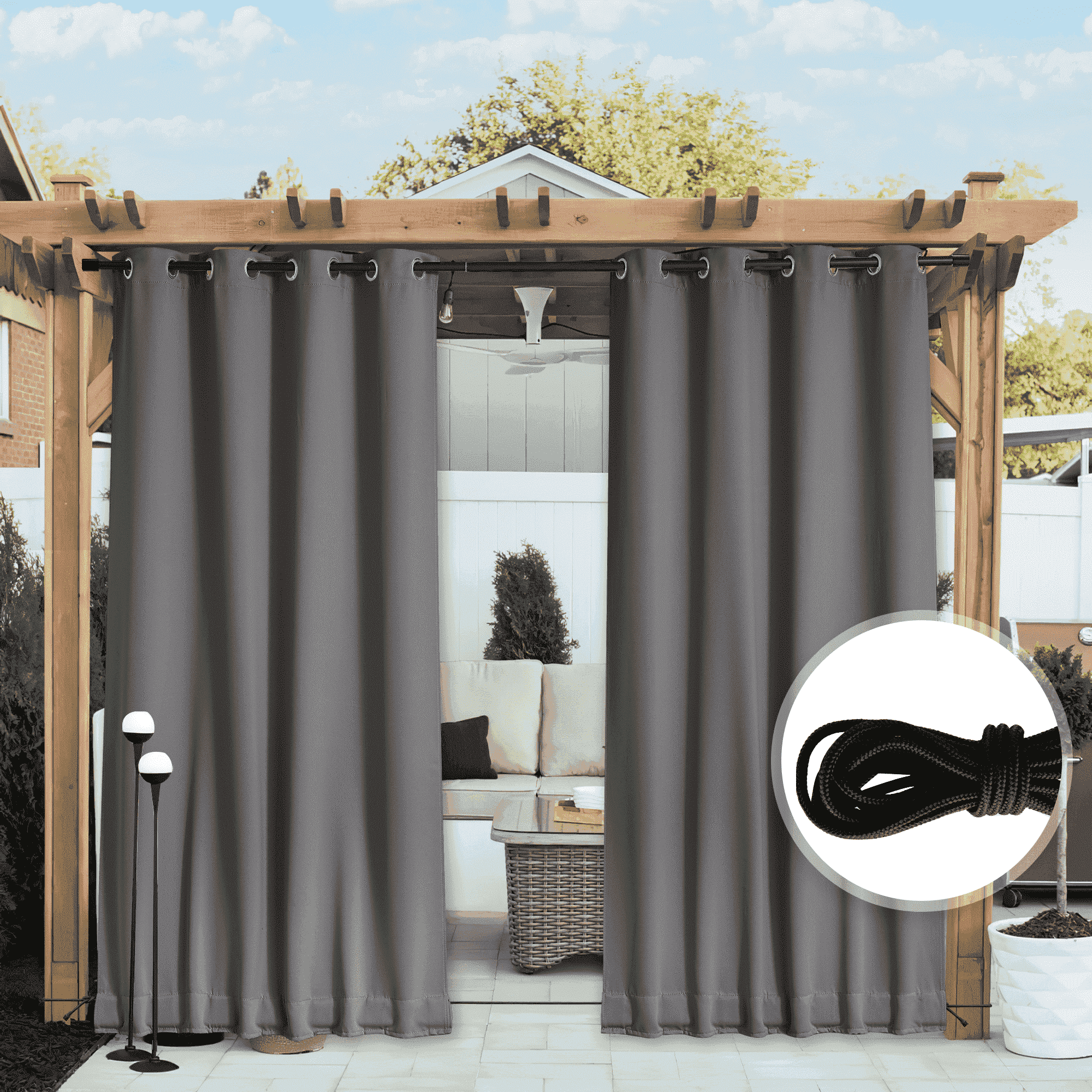 NICETOWN Waterproof Outdoor Curtains 2 Panels Grommet & Back Tab on Top and Bottom for Patio Windproof Privacy Outdoor Dividers for Porch Gazebo Pergola with Fixed Rope, W52 x L108, Grey
