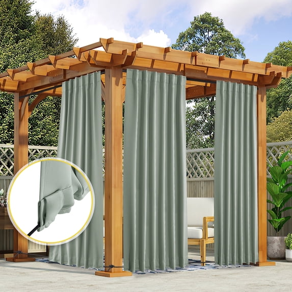 NICETOWN 2 Panels Waterproof Outdoor Curtains for Patio, Blackout Thermal Insulated Windproof Drapes for Porch Gazebo Pergola with Fixed Rope, 52"x 108", Sage Green