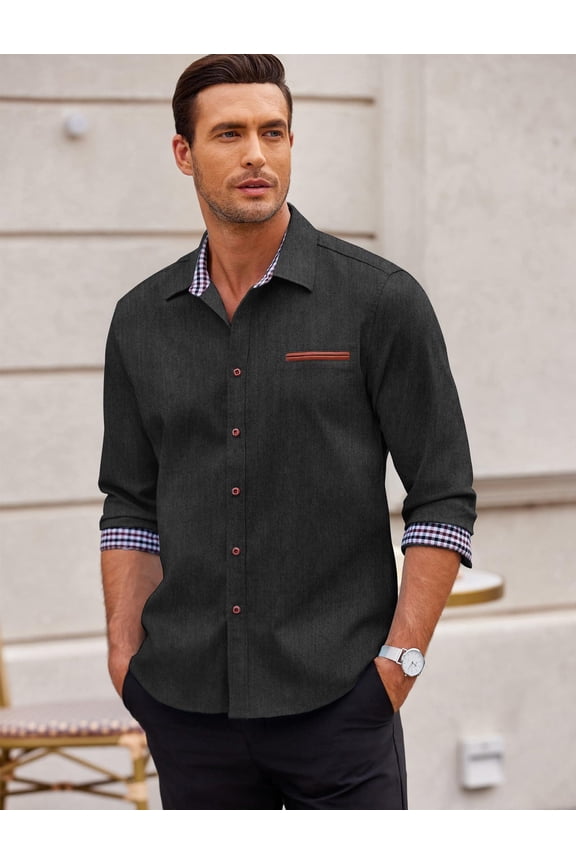 Men's Casual Dress Shirt Button Down Shirts Regular fit Denim Work Classic Western Snap