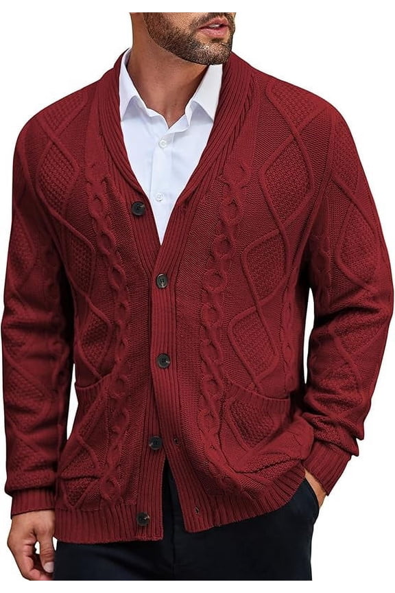 Coofandy mens shawl collar cardigan sweater slim fit button down cable knitted sweater with pockets