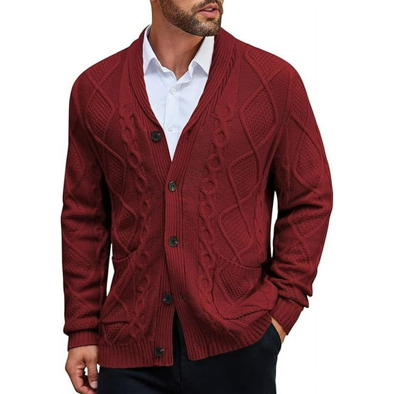 Coofandy mens shawl collar cardigan sweater slim fit button down cable knitted sweater with pockets