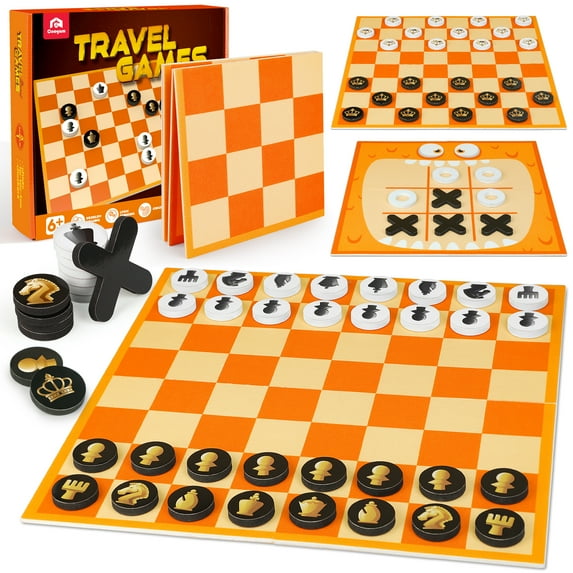 Coogam 3-in-1 Chess and Checkers Game, Tic Tac Toe Vintage Jumbo Board Game with Playmat, Party Favor Family Lawn Activity Indoor Outdoor Travel Play