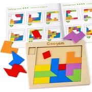 Coogam Wooden Puzzle 60 Challenges Blocks Geometric Tangram Brain Teasers Jigsaw 3D Logic IQ Game Pattern Montessori STEM Educational Toys for 3 4 5