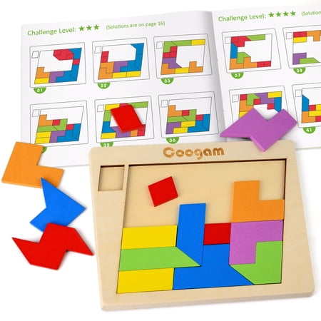 Coogam Wooden Puzzle 60 Challenges Blocks Geometric Tangram Brain Teasers Jigsaw 3D Logic IQ Game Pattern Montessori STEM Educational Toys for 3 4 5