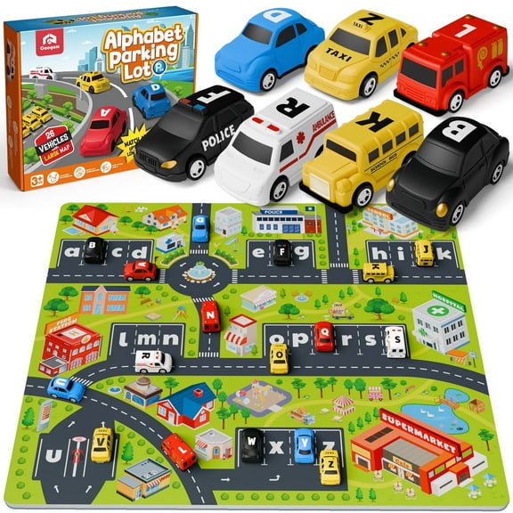 Coogam Alphabet Maze, 26pcs Pull Back Car with Play Mat Preschool Letter Matching Game for 3 4 5 Years Old, Montessori Educational Fine Motor Toy for Toddler