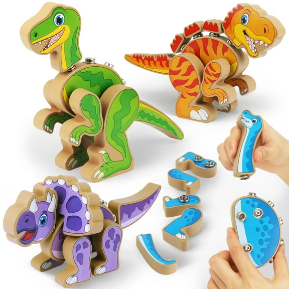 Coogam Build Your Own Dinosaurs Toy, Snap Together Building Dinosaurs Playset, Wooden STEM Take Apart Dinosaur Builder, Montessoi Fine Motor Building Toy for 3 4 5 Years Old