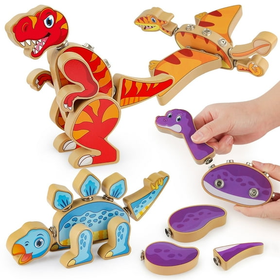 Coogam Dinosaur Building Block Set, Wooden Snap-Connection Dinosaur Builders, STEM Take Apart Dino Playset, Fine Motor Skill Educational Learning Toy for 3 4 5 Years Old