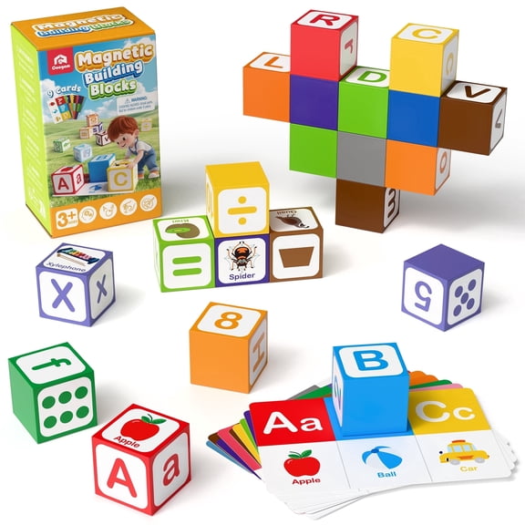 Coogam Magnetic Alphabet Blocks for Learning Numbers, Magnet Construction Game Building Cube, Educational Stem Montessori Toy for 3 Year Old