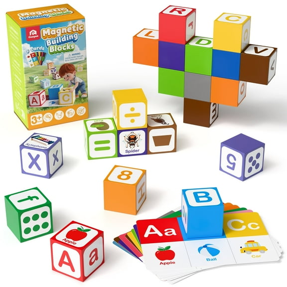 Coogam Magnetic Alphabet Blocks for Learning Numbers, Letters, Shapes, Magnet Construction Game & Toddlers Building Cube, Educational Stem Montessori Sensory Toy Gift for 3 4 5 Year Old