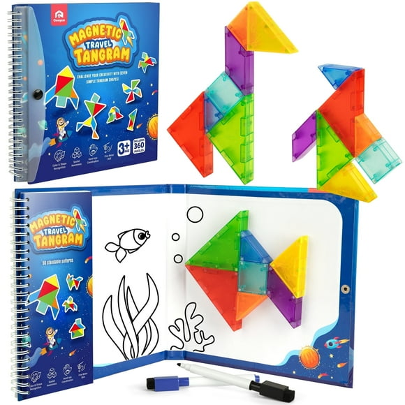 Coogam Magnetic Blocks Travel Tangram Puzzle, Road Trip Tango Puzzle Pattern Blocks Shape Jigsaw Books with 360 Challenges, Montessori Educational Toy for 3 Years Old