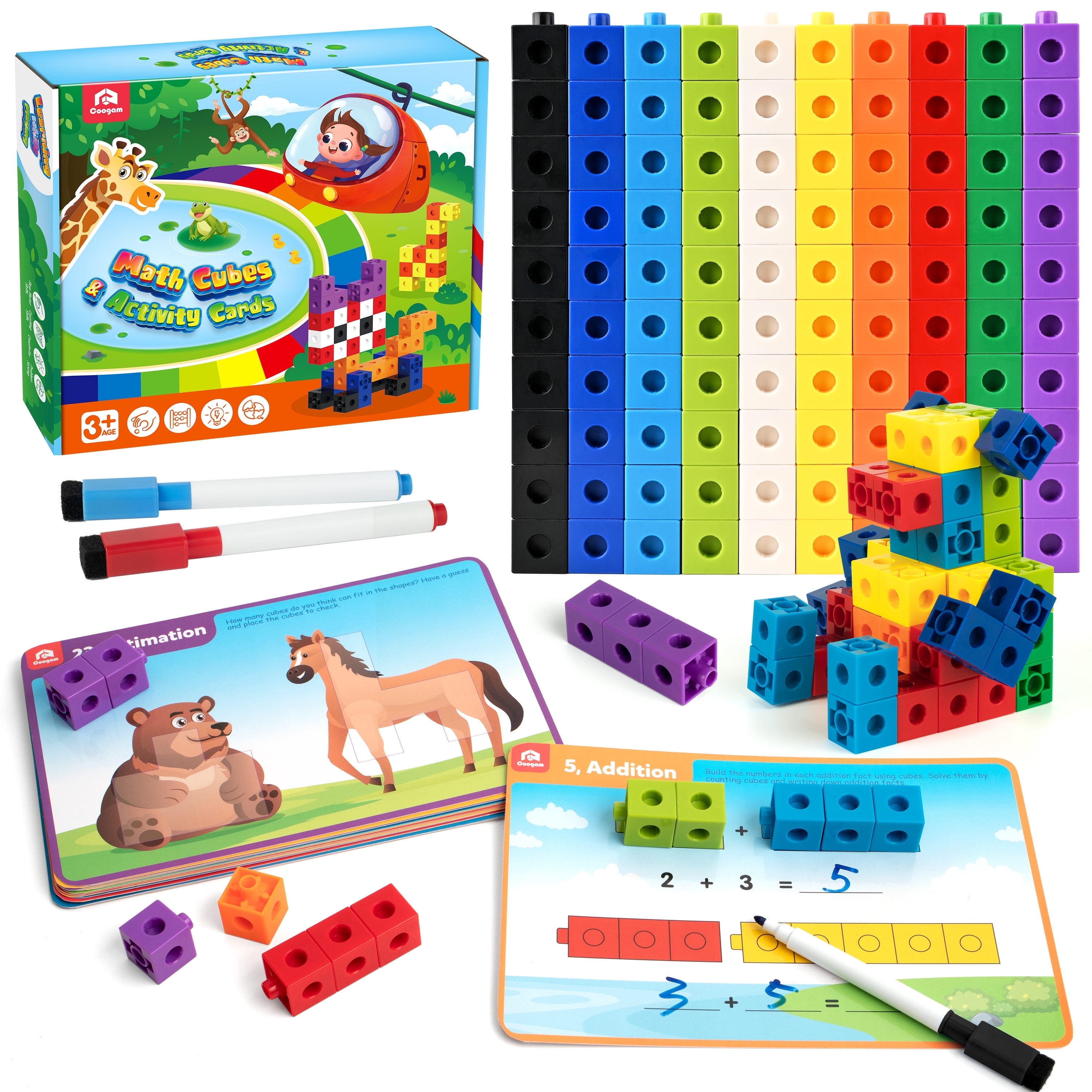 Coogam Math Cubes Manipulatives Number Counting Blocks MathLink Cubes STEM Learning Toy with Flash Cards For 3 Years Old 100 Pieces