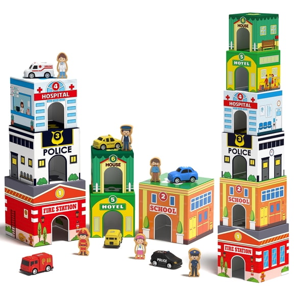 Coogam Montessori Sorting & Stacking Blocks with Nesting Garages Cars for 2 Years Old