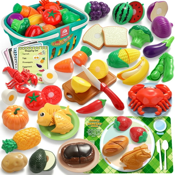 Coogam Pretend Play Food Set for Kids, Fake Fruits Meats Vegetables Balanced Meal Mixing and Cutting Toy, Play Kitchen Accessories with Shopping List, Educational Toy for 3 4 5 Years Old