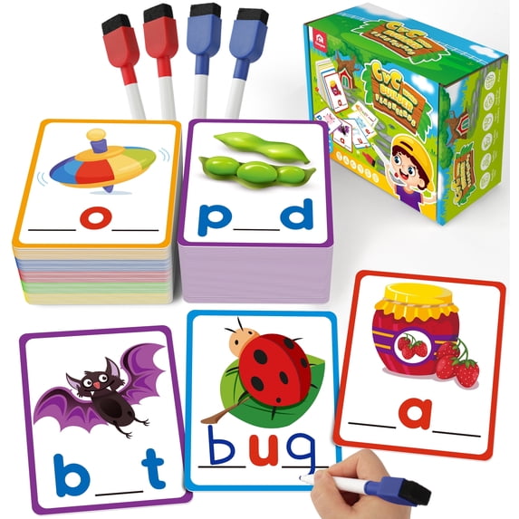 Coogam Short Vowel Spelling Flash cards, Learn to Write CVC SightWords Color Pattern Handwriting Cards Fine Motor Montessori Educational Toy for 3 4 5 Years Old