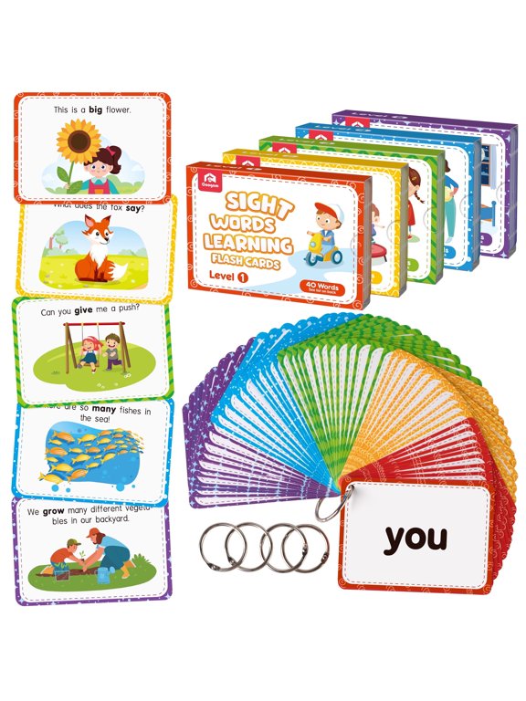 Sight Words Educational Flash cards 220 Dolch Sightwords Game with Pictures & Sentences,Literacy Learning Reading Cards Toy for 3 4 5 Years Old