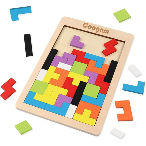 Coogam Wooden Blocks Puzzle Brain Teasers Toy Tangram Jigsaw Intelligence Colorful 3D Russian Blocks Game STEM Montessori Educational Gift for Kids (40 Pcs)