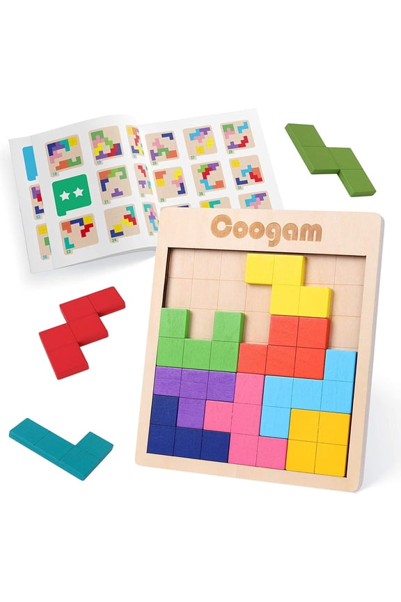 Wooden Puzzle Pattern Blocks Brain Teasers Game with 60 Challenges, 3D Russian Building Toy Wood Tangram Shape Jigsaw Puzzles Montessori STEM Educational Toys Gift for Kids Adults