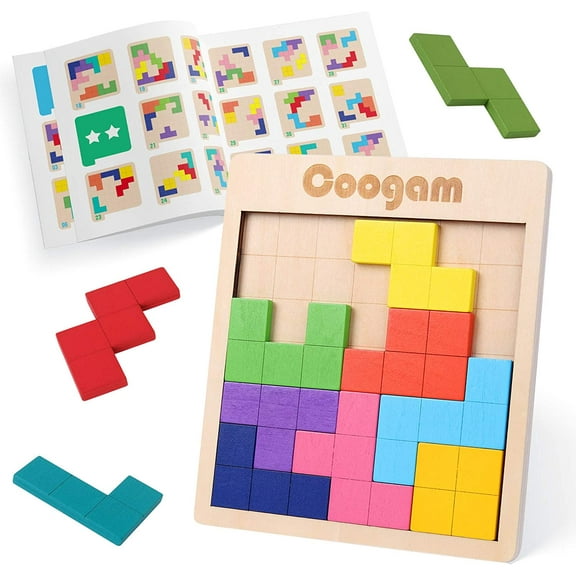 Coogam Wooden Puzzle Pattern Blocks Brain Teasers Game with 60 Challenges, 3D Russian Building Toy Wood Tangram Shape Jigsaw Puzzles Montessori STEM Educational Toys Gift for Kids Adults