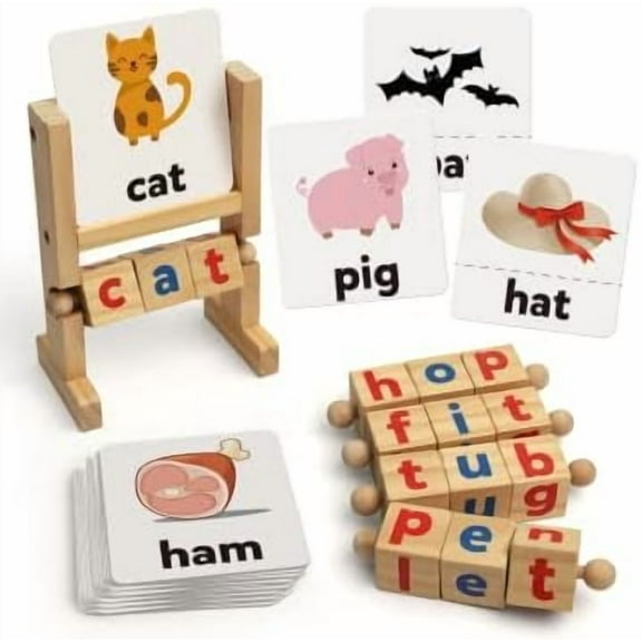 Coogam Wooden Reading Blocks Short Vowel Rods Spelling Games, Flash Cards Sight Words Montessori Spinning Alphabet Learning Toy for Preschool 3 Year