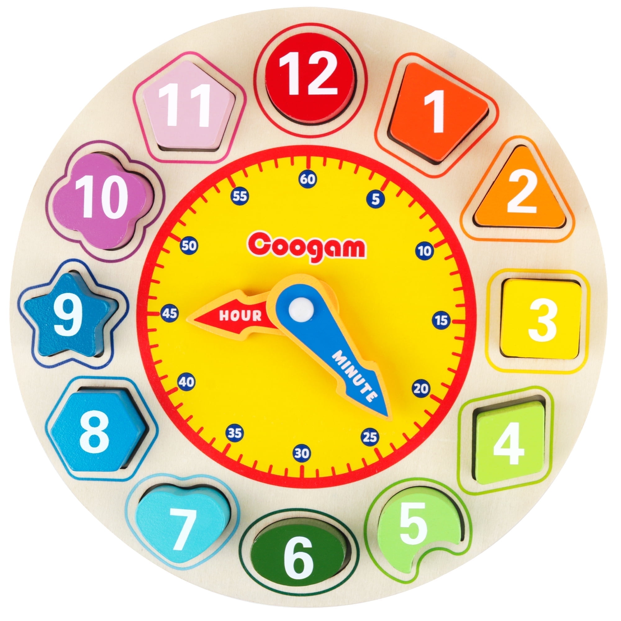 Coogam Wooden Shape Color Sorting Clock,Teaching Time Number Puzzle Stacking Sorter Montessori Learning Educational Toy for 3 Years Old