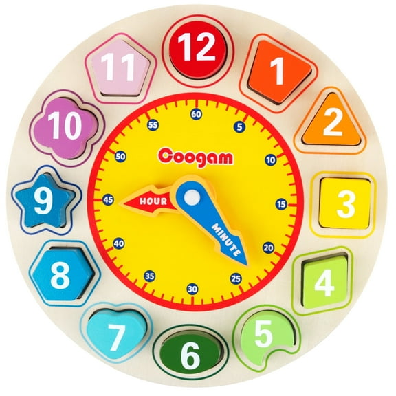 Coogam Wooden Shape Color Sorting Clock,Teaching Time Number Puzzle Stacking Sorter Montessori Learning Educational Toy for 3 Years Old