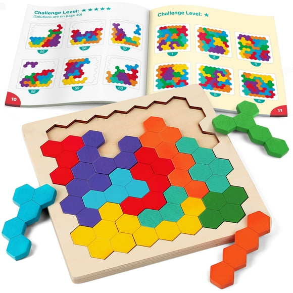 Coogam Wooden Tangram Puzzle, Jigsaw Brain Teasers 3D Logic IQ Game Geometric Blocks Montessori STEM Educational Toys
