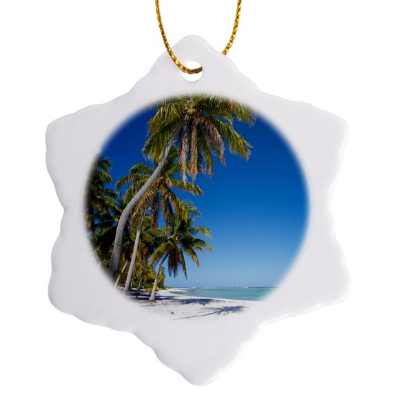 3drose, Cook Islands, Palm Trees and White Sand Beach., 3 inch Snowflake Porcelain Ornament