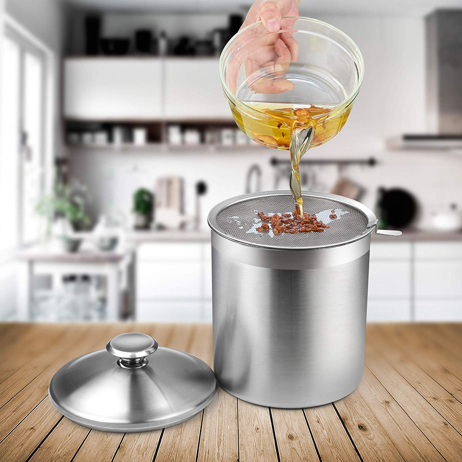Kitchen Stainless Steel Oil Strainer Pot Grease Container - Temu