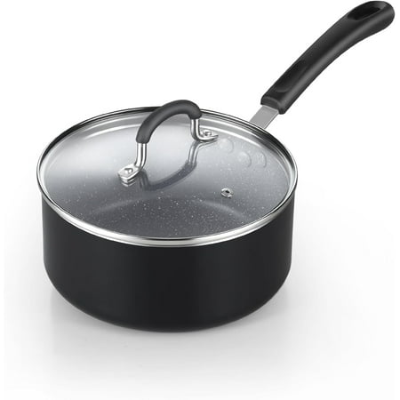 Cook N Home 2-Quart Nonstick Sauce Pan with Lid, Professional Granite Saucepan Non Stick Small Cooking Pots with Stay-Cool Silicone Handle, Heavy Gauge Aluminum Induction Cookware, Marble