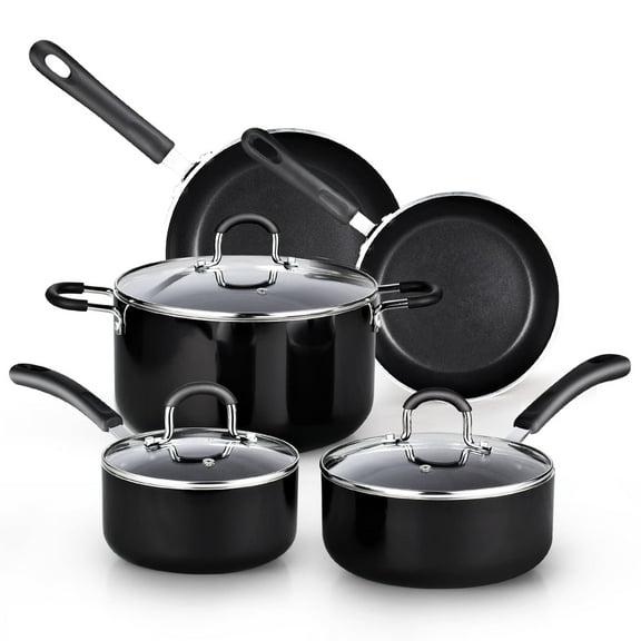 Cook N Home 8-Piece Nonstick Cookware Set, Heavy Gauge Pots and Pans Set, Kitchen Induction Cooking Pots with Silicone Handles, Black