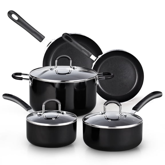Cook N Home Professional Pots and Pans Kitchen Cookware Set - Includes Saucepans with Lid, Stockpot with Lid, Frying Pans, Heavy Nonstick, 8-Piece, Black