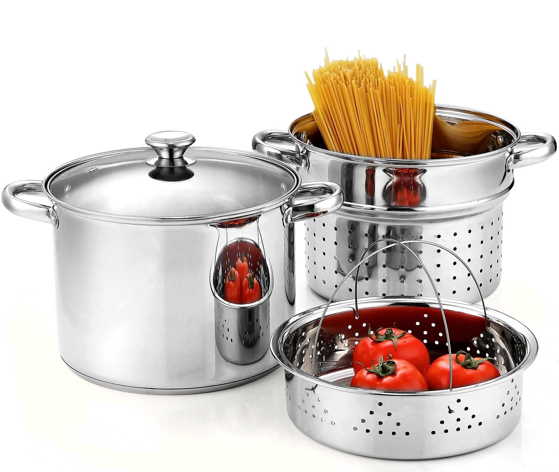 Cook N Home 8 Quart Stainless Steel Pasta Pot with Strainer Lid 3-in-1 Pots | Steamer Basket, Pasta Strainer, Stock Pot with Lid - Pasta Cooker Induction Compatible, Dishwasher & Oven Safe