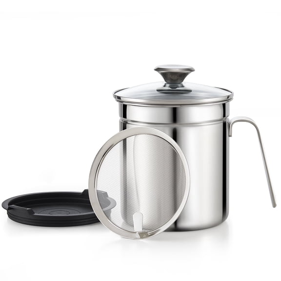 Cook N Home Classic Stainless Steel Grease Container With Strainer 2.5 Quart, Pot Fat Storage With Lid, Easy Grip Handle Suitable For Storing Frying Oil And Cooking Grease