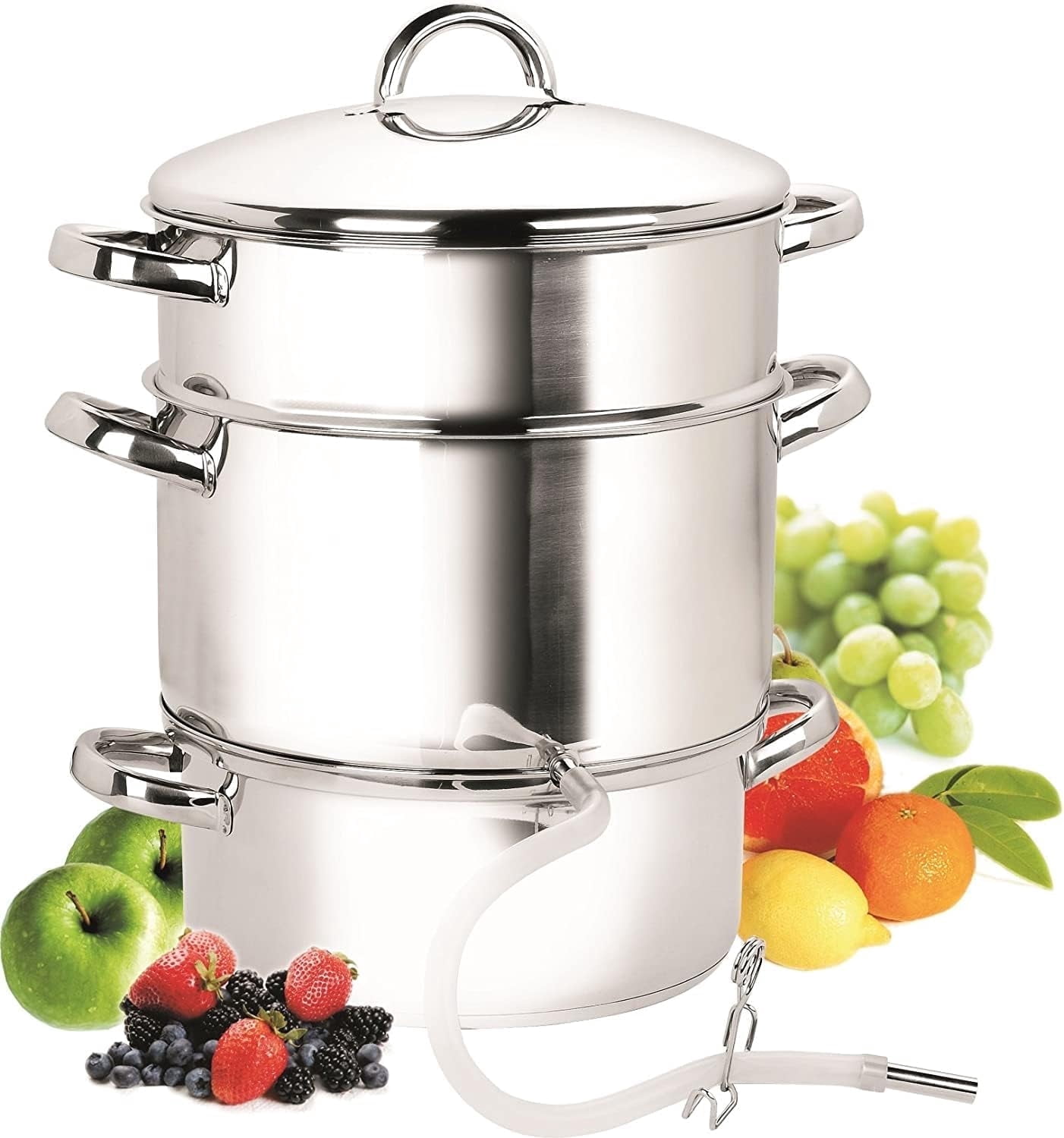 Cook N Home Basics 11 Quart Steam Canner Juice Extractor with Water / Cooking Pan, Mirror Satin Stainless Steel, Juice Pan, Strainer/Loading Pan, Lid, and Hose with Clamp