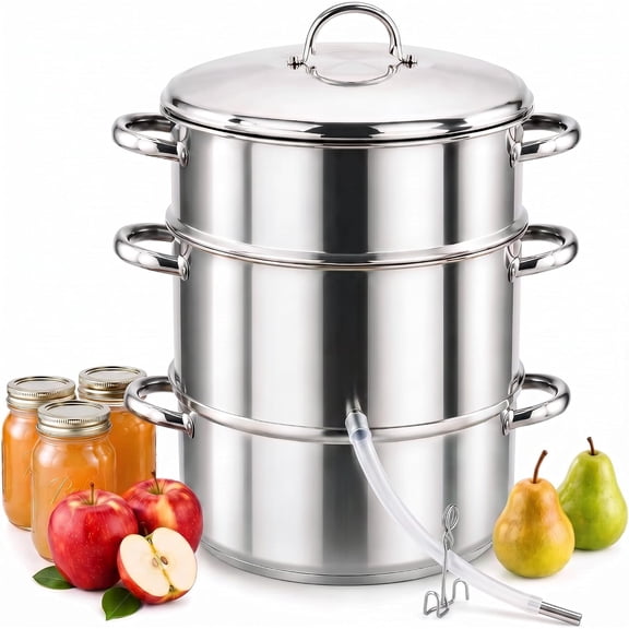 Cook N Home Basics 11 Quart Steam Canner Juice Extractor with Water / Cooking Pan, Mirror Satin Stainless Steel, Juice Pan, Strainer/Loading Pan, Lid, and Hose with Clamp