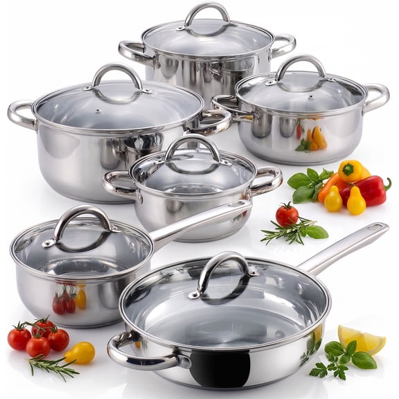 Cook N Home Basics Stainless Steel Cookware Set - Includes Saucepan, Stockpots, Frying Pan with Glass Lids, 12-Piece