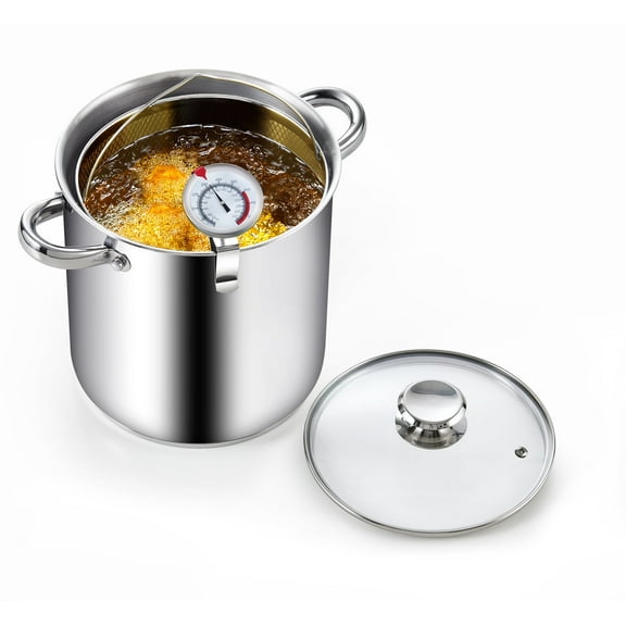 Cook N Home Deep Fryer Pot, 5-Quart Japanese Tempura Deep Frying Pot, 304 Stainless Steel with Temperature Control and Oil Drip Rack and Glass Lid, for Kitchen French Fries, Chicken etc