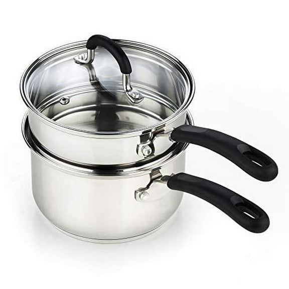 Cook N Home Double Boiler Saucepan 2-Quart, Professional 18-10Stainless Steel Steam Melting Pot for Butter Chocolate Cheese, Tempered Glass Lid, Silver