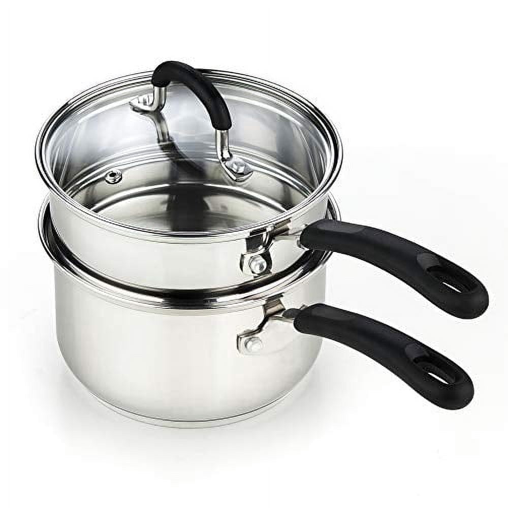 Cook N Home Double Boiler Set 1.5 Qt Insert & 2 Qt Stainless Steel Saucepan with Tempered Glass Lid, Induction Compatible Melting Pot for Chocolate, Butter & Cheese