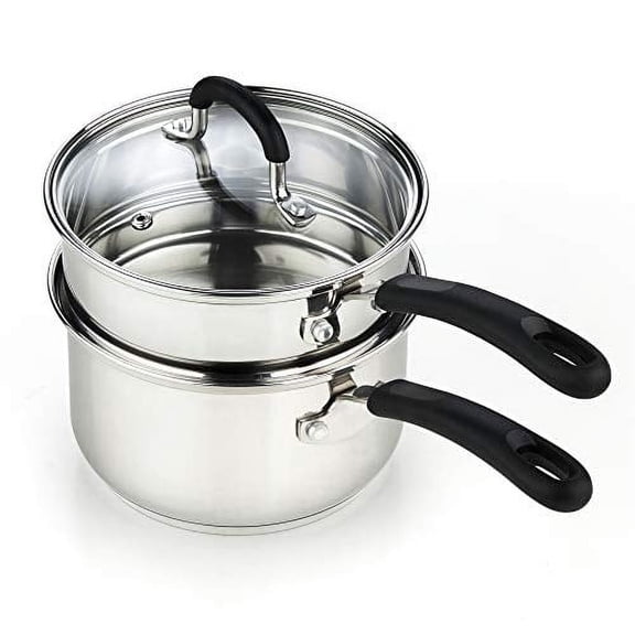 Cook N Home Professional Double Boiler Saucepan 2-Quart, 18/10 Stainless Steel Steam Melting Pot for Butter Chocolate Cheese, Tempered Glass Lid