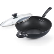 Cook N Home Basic 12-Inch Hard Anodized Nonstick Wok with Lid, Large Non Stick Stir-Fry Pan, Deep Flat Bottom Wok Pan, Everyday Chef Saute Skillet, Induction Cookware, Black