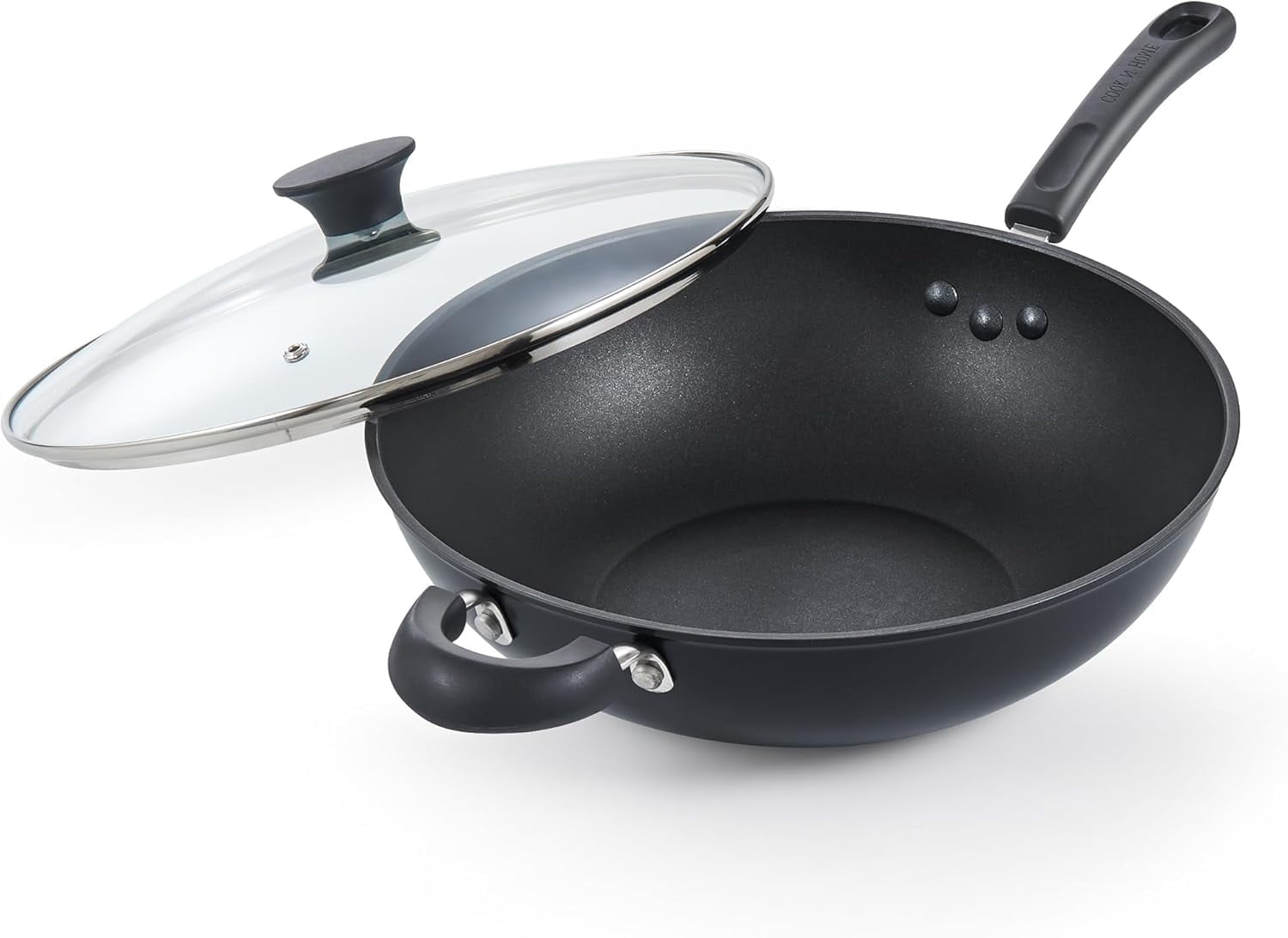 Cook N Home Hard Anodized Nonstick Wok with Lid 12-inch, Non Stick Stir-Fry Pan, Flat Bottom Wok Pan, Induction Cookware, Oven and Dishwasher Safety, Black