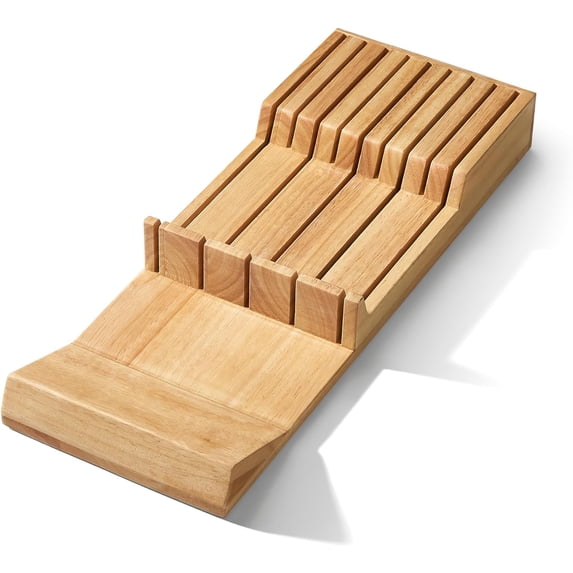 Cook N Home Basics Durable Wood Cutlery Holder, Knife Storage Block Organizer, Made of Rubber Wood, Polished Surface, Suitable for Drawers, 9-Slot