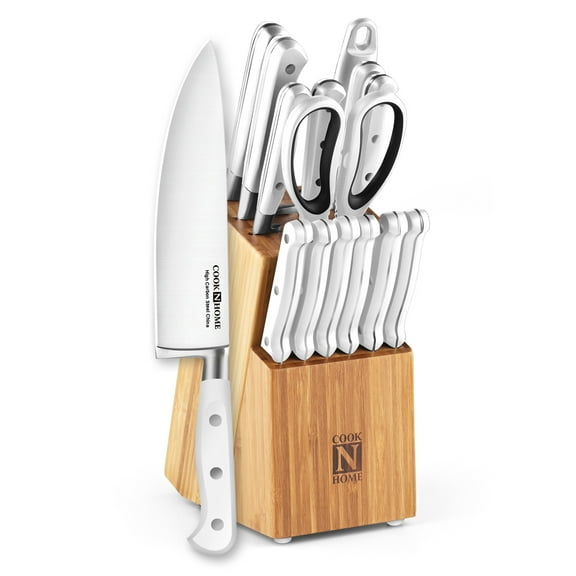 Cook N Home Kitchen Chefs Knife Set with Bamboo Storage Block 15-Piece, High Carbon Stainless Steel Blade, Ergonomic Handle,White