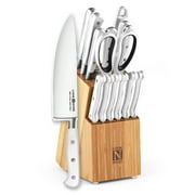 Cook N Home Kitchen Chefs Knife Set with Bamboo Storage Block 15-Piece, High Carbon Stainless Steel Blade, Ergonomic Handle,White