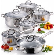 Cook N Home Basics Stainless Steel Cookware Set - Includes Saucepan, Stockpots, Frying Pan with Glass Lids, 12-Piece