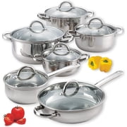 Cook N Home Basics Stainless Steel Cookware Set - Includes Saucepan, Stockpots, Frying Pan with Glass Lids, 12-Piece