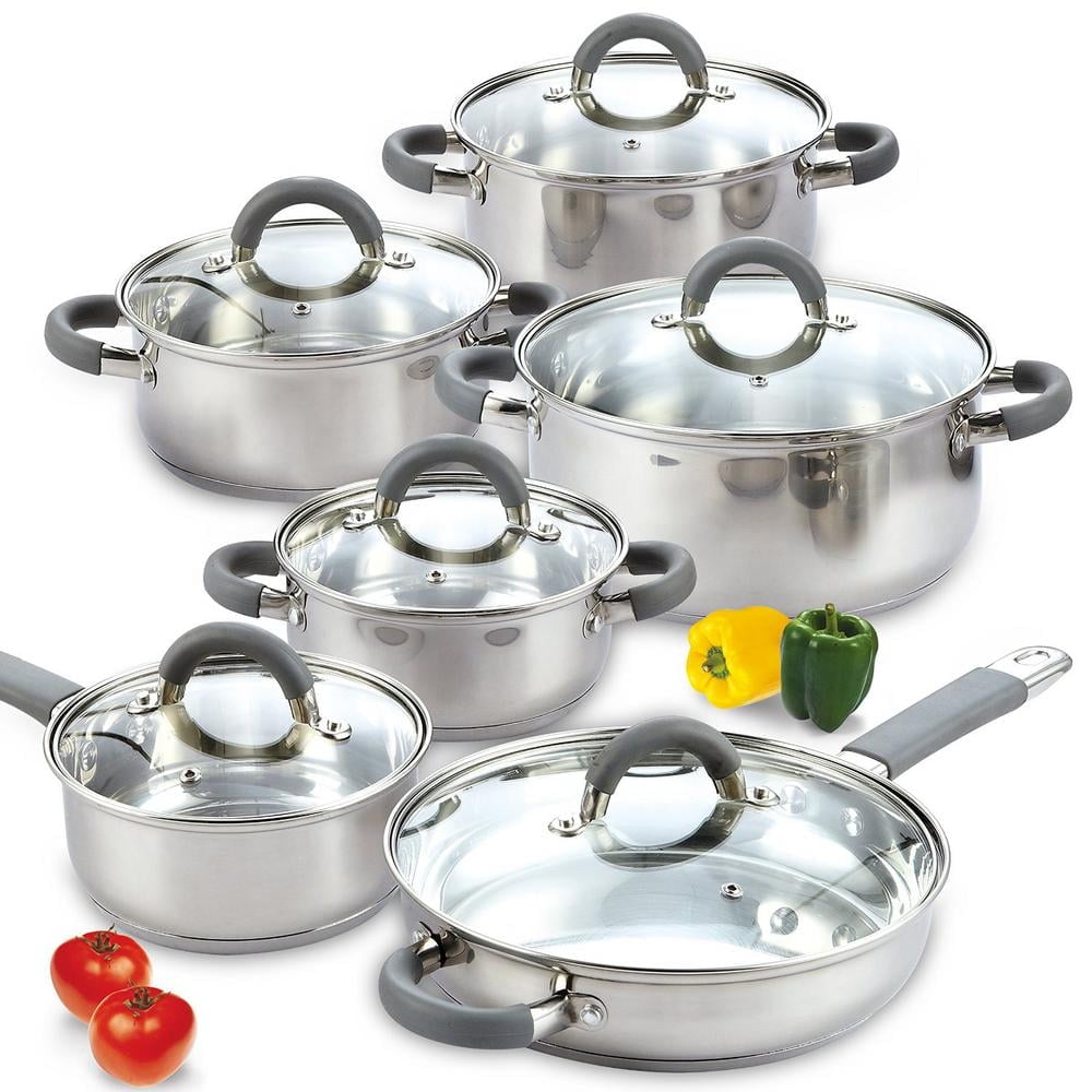 Cook N Home Kitchen Cookware Sets, 12-Piece Basic Stainless Steel Pots and  Pans with Grey Silicone Handles, Silver 